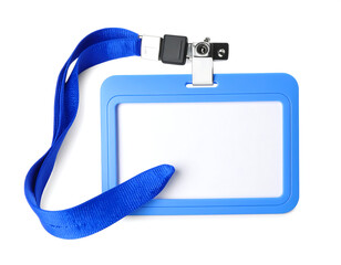 Blue lanyard ID badge holder on white background