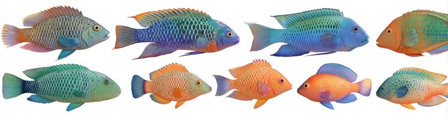 Fototapeta premium Ten colorful fish are shown in two rows against a white background, each with distinct color patterns
