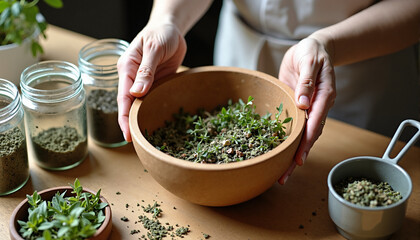 Herbs and soil preparation in a bowl