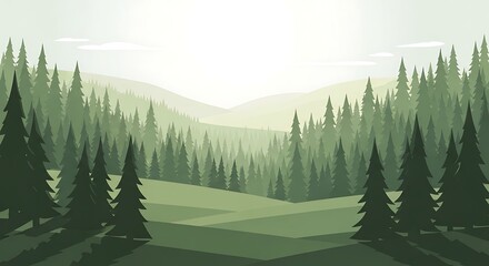 Fototapeta premium Serene flat design illustration of a vast green forest landscape.