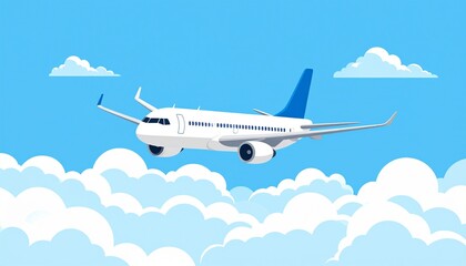 Obraz premium Airplane Flying in Blue Sky with White Clouds Illustration