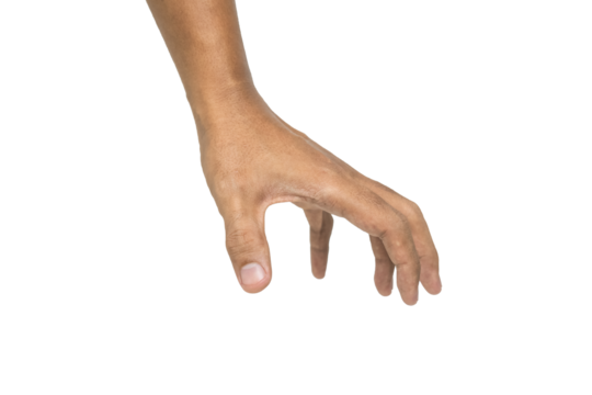 male hands holding, reaching, or grabbing something from above isolated on white background. transparent png