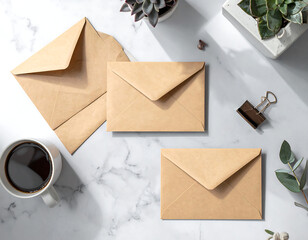 Stationery set with envelopes and coffee on marble