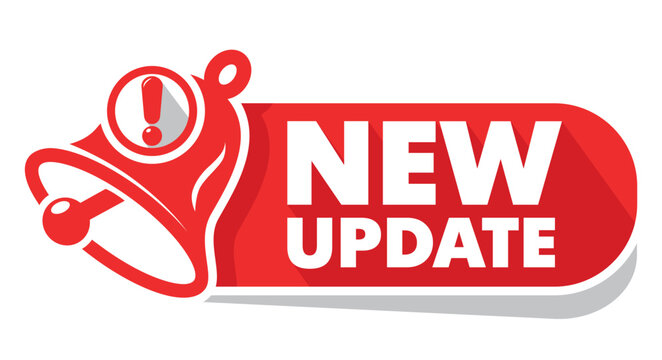 Modern label New Update on red ribbon with bell. Banner with notification bell, announcement for new update. Vector on transparent background