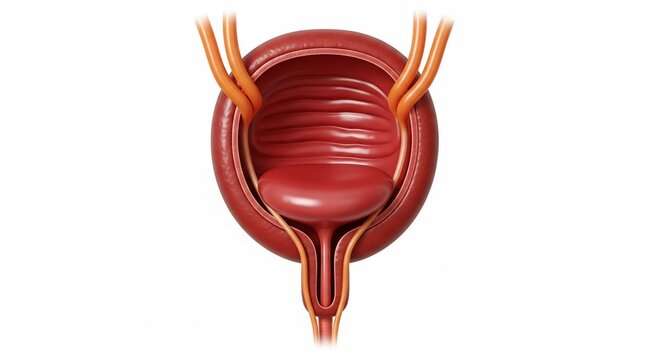 Illustration of a human bladder with ureters and urethra on a white background view from the front