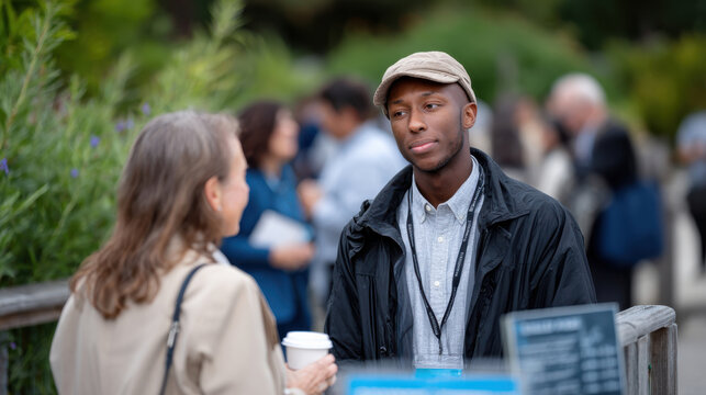 A young man engages in a thoughtful conversation with a woman, highlighting the importance of dialogue and connection set against a professional backdrop at an event.