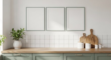 Three empty vertical poster frames mockup on a tiled kitchen wall.
