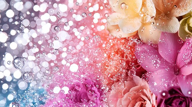  A macro shot of a group of blossoms with droplets of moisture dangling from the tips and bases, positioned at the image's base