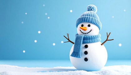 Adorable snow sculpture wearing blue knitted hat and scarf, happy expression, crafted from snow. Twigs serve as arms, carrots for nose. Falling snowflakes create a serene winter backdrop