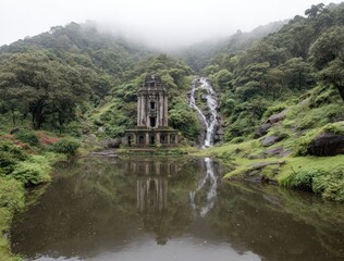 Old stone structure's reflection in dark water with a waterfall and misty forest backdrop on a cloudy day