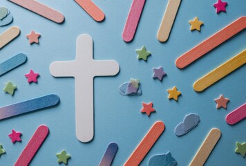 A centered white cross surrounded by colorful craft sticks & stars against a soft, solid blue background. Flat lay, top-down perspective