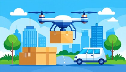 Drone Delivery Concept: Cityscape, Packages, and Autonomous Delivery Vehicle Illustration