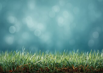 Lush green grass, dew-kissed, grows along the horizon, blurred bokeh lights in the background, creating a soft, dreamlike, and ethereal scene