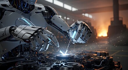 Robot hand welding metal parts in factory setting