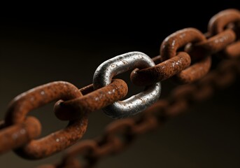 Fototapeta premium Rusty Chain Link, broken metal, Weakened Financial Connections or Security