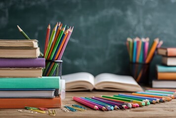 Books and pencils displayed on wooden desk against blurred chalkboard, evoking learning. Study materials are inviting and colorful