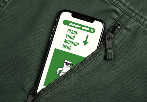 Smartphone in Zipper Pocket Mockup Template