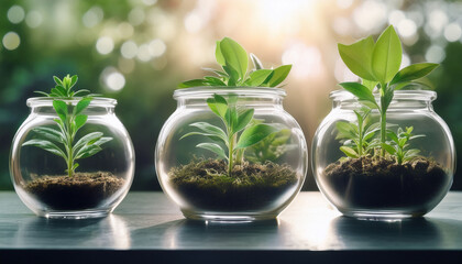 Obraz premium Fresh Green Plants Growing In Glass Containers Symbolizing Growth And Development Of Nature And Life Stages