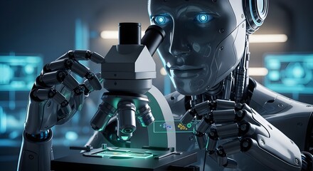 Robot Scientist Analyzing Cells Under Microscope