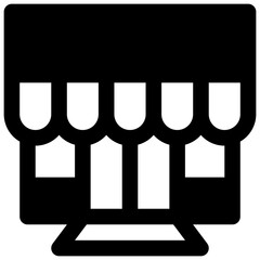 Store. Outlined stroke vector icon with black-filled details.