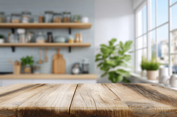 Beautiful wooden tabletop counter in a clean and bright kitchen background