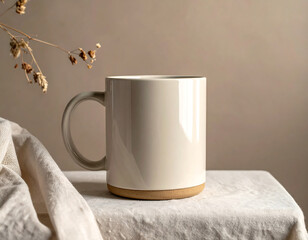 Simple ceramic mug on neutral background closeup