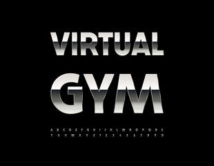 Vector Steel poster Virtual Gym. Reflective Silver Font. Cool Iron Alphabet Letters and Numbers set