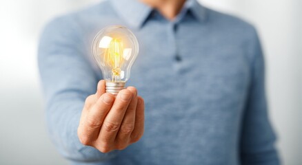 Person holding a glowing lightbulb, symbol of an idea, creativity. Neutral background, blue shirt, focusing on the bulb