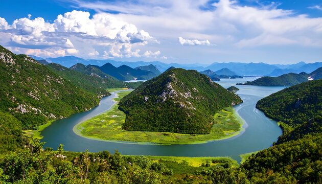 Serene mountain lake vista with winding river