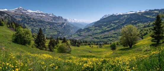 Panoramic vista of a verdant valley with flowering meadows and snow-capped mountains under a clear blue sky in the Swiss Alps