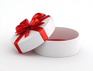 Heart-shaped white box, slightly open, tied with bright red ribbon and bow, sits on white surface. Simple & elegant