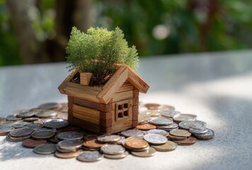Tiny wooden house with greenery sprouting from roof, nestled on scattered coins on a textured white surface