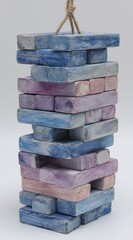 Stack of textured, watercolor-style wooden blocks with muted blue, purple, and pink hues suspended by a twine loop