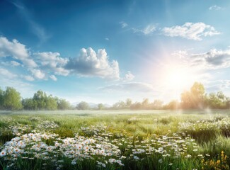 Sunny meadow Wildflowers blossom under blue skies with fluffy clouds, light rays bathing the dreamy landscape in warm, soft light