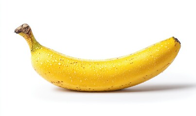 Close-up of a ripe, yellow banana with speckled brown spots, isolated on a white background with a soft shadow