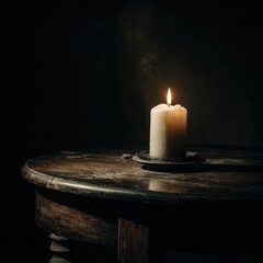 Warm candle glowing on a rustic, wooden table against a dark background in a chiaroscuro style