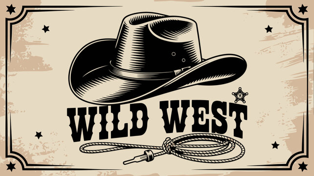 Vintage Wild West Design with Cowboy Hat and Lasso