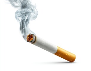 Lit cigarette with curling smoke against white background; burning ember and orange filter