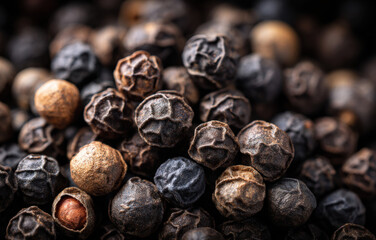 Black pepper background, top view of black peppercorns