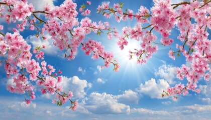 Pink cherry blossom branches reach across a blue, cloud-scattered sky, punctuated by a radiant sunburst. Bright, airy, and peaceful