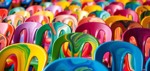 Obraz premium Vibrant plastic chairs, close-up, abstract textures, colorful swirls, vivid, vibrant