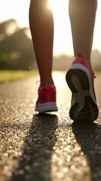 Low-angle dolly video of lower legs with modern red-soled athletic shoes walking on wet asphalt at dawn, golden light, bokeh. Endurance concept.