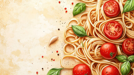 Overhead Shot of Tasty Pasta with Tomatoes and Basil