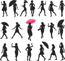 Silhouette women walking, black female figures, pink umbrella standout, fashion pose icons, stylish ladies vector, minimal design illustration set