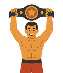 Champion fighter holding victory belt overhead - Flat illustration
