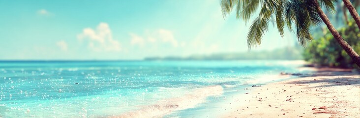 A soft, bright beach view with palms, light blue waters, and a sandy beach. Soft focus creates a serene, dreamy, tropical feel