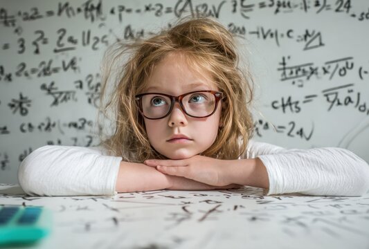 Girl with messy hair rests chin on hands amidst complex math equations scrawled on a whiteboard, appearing thoughtful and perhaps overwhelmed