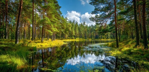 Serene forest reflects in calm, dark water. Lush grass and tall trees frame the sky and clouds above, creating a tranquil natural vista