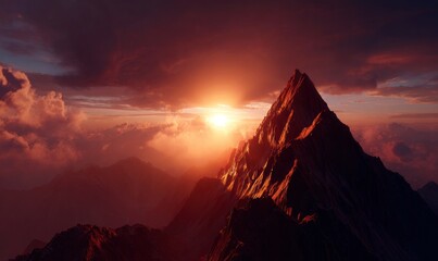 Majestic mountains bathed in warm sunset light, peak silhouetted against clouds. Golden sunlight beams. Hazy atmospheric perspective. Dark moody sky