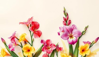 Fototapeta premium Vintage watercolor freesias border on parchment paper; central copy space for junk journal, watercolor, spring